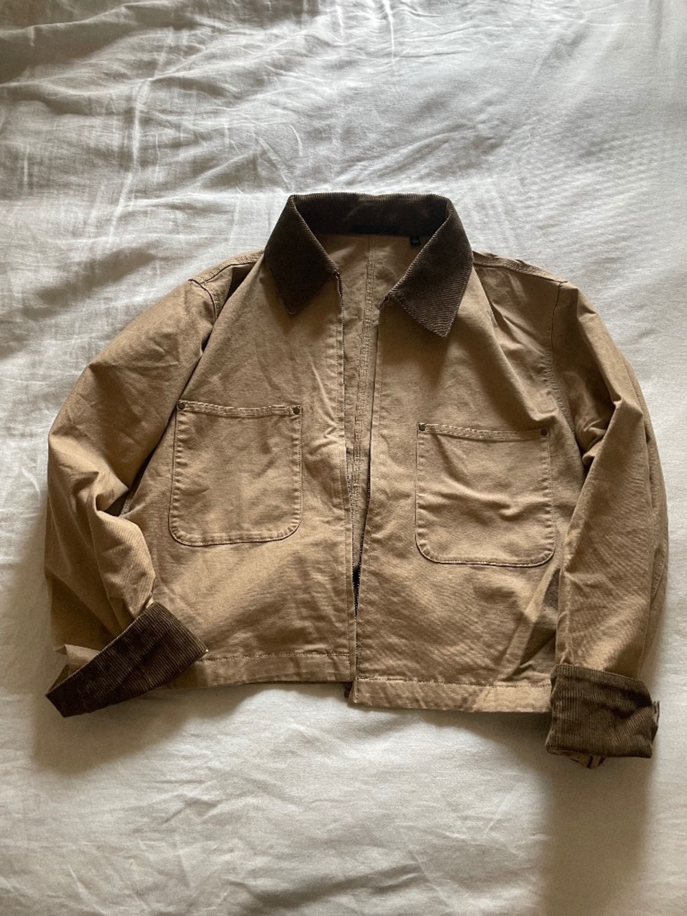 Uniqlo women's cropped canvas work jacket with corduroy collar and sleeves